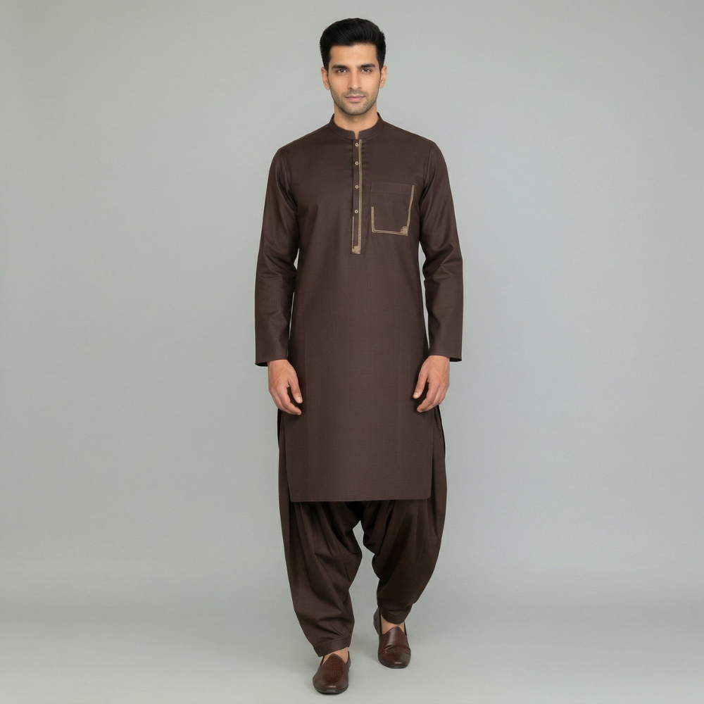 Embroidered Brown Kameez & Shalwar