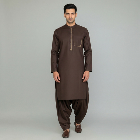 Embroidered Brown Kameez & Shalwar