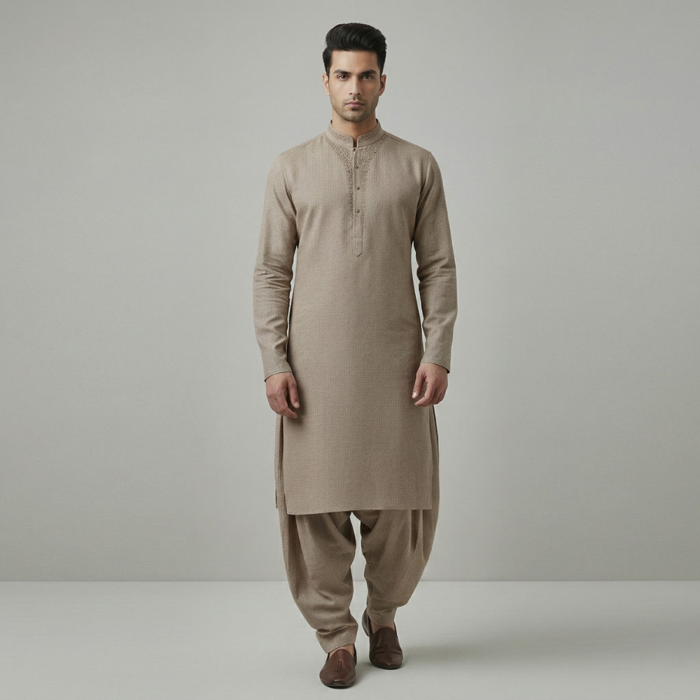 Beige Embroidered Kameez & Shalwar