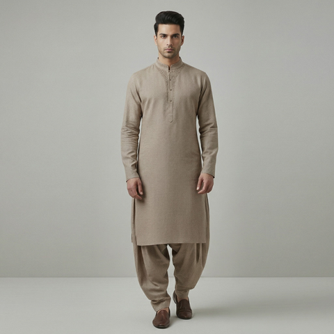 Beige Embroidered Kameez & Shalwar