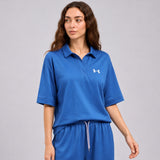Ready to Wear Women Gym Dress – Blue Sportswear 2 Piece Suit with Polo Shirt and Wide Leg Trouser