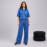 Ready to Wear Women Gym Dress – Blue Sportswear 2 Piece Suit with Polo Shirt and Wide Leg Trouser