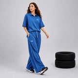 Ready to Wear Women Gym Dress – Blue Sportswear 2 Piece Suit with Polo Shirt and Wide Leg Trouser