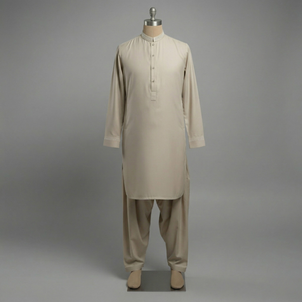 Embroidered Beige Kameez & Shalwar