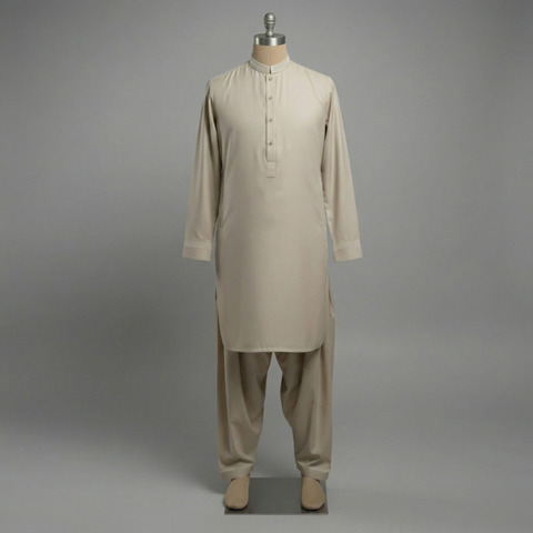 Embroidered Beige Kameez & Shalwar