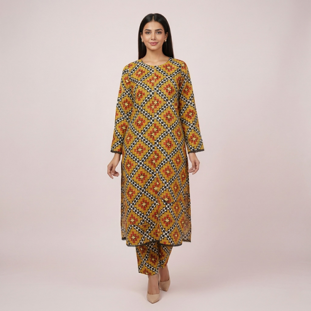 Mustard Printed Cotton Dress