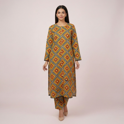 Mustard Printed Cotton Dress