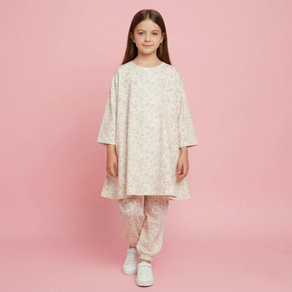 Beige Printed Kids Dress