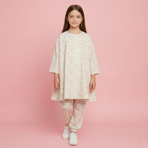 Beige Printed Kids Dress