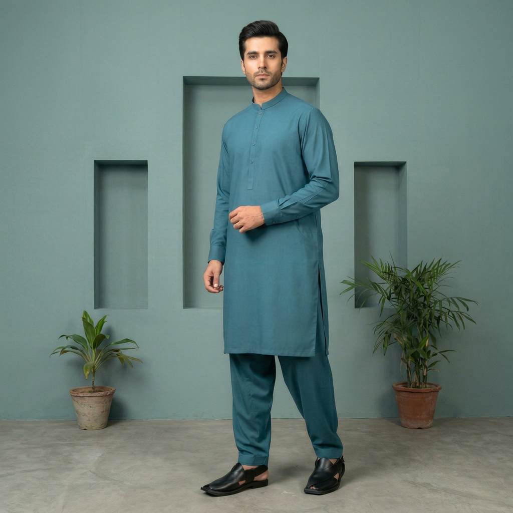 Teal Classic Kameez & Shalwar