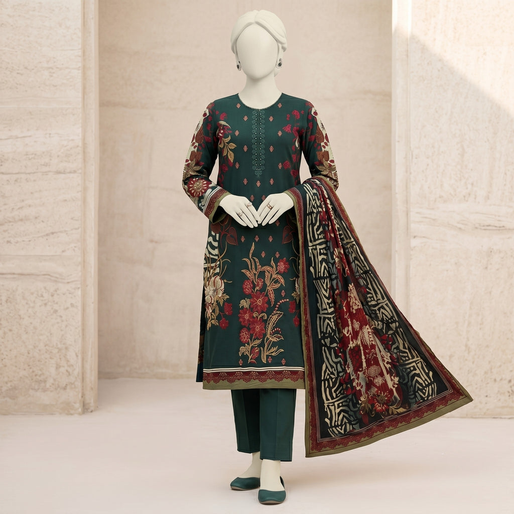 Dark Green Floral Printed Lawn Suit