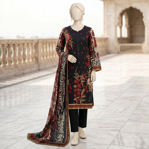 Black Floral Printed Lawn Suit