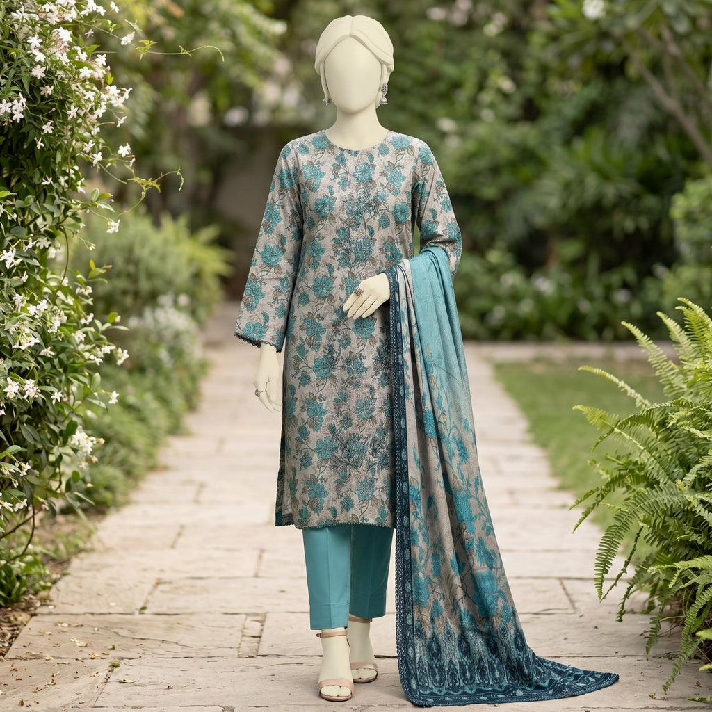 Grey Aqua Floral Printed Lawn Suit