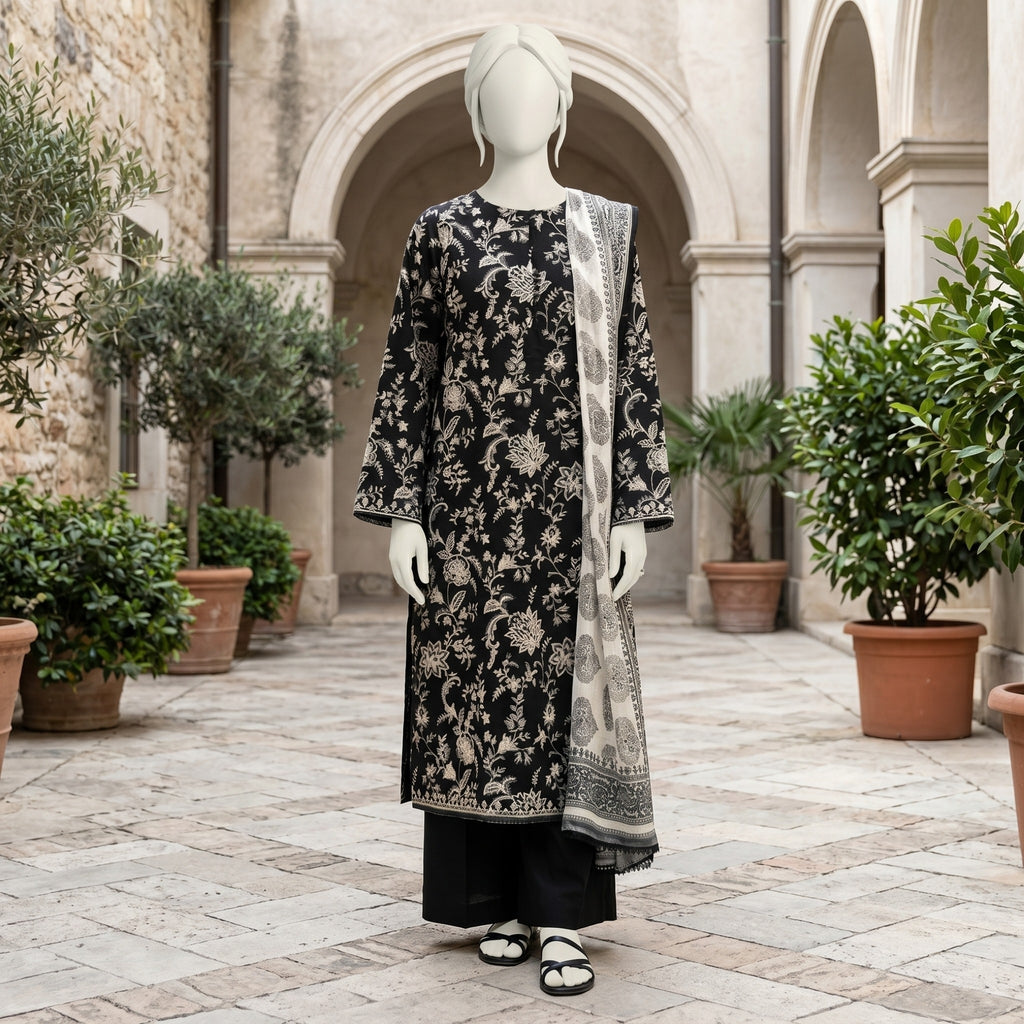 Black White Embroidered Printed Lawn Suit